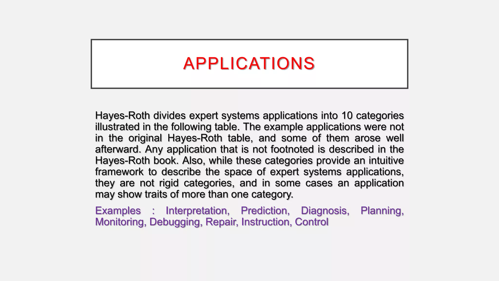 APPLICATIONS
Hayes-Roth divides expert systems applications into 10 categories
illustrated in the following table. The example applications were not
in the original Hayes-Roth table, and some of them arose well
afterward. Any application that is not footnoted is described in the
Hayes-Roth book. Also, while these categories provide an intuitive
framework to describe the space of expert systems applications,
they are not rigid categories, and in some cases an application
may show traits of more than one category.
Examples : Interpretation, Prediction, Diagnosis, Planning,
Monitoring, Debugging, Repair, Instruction, Control
 