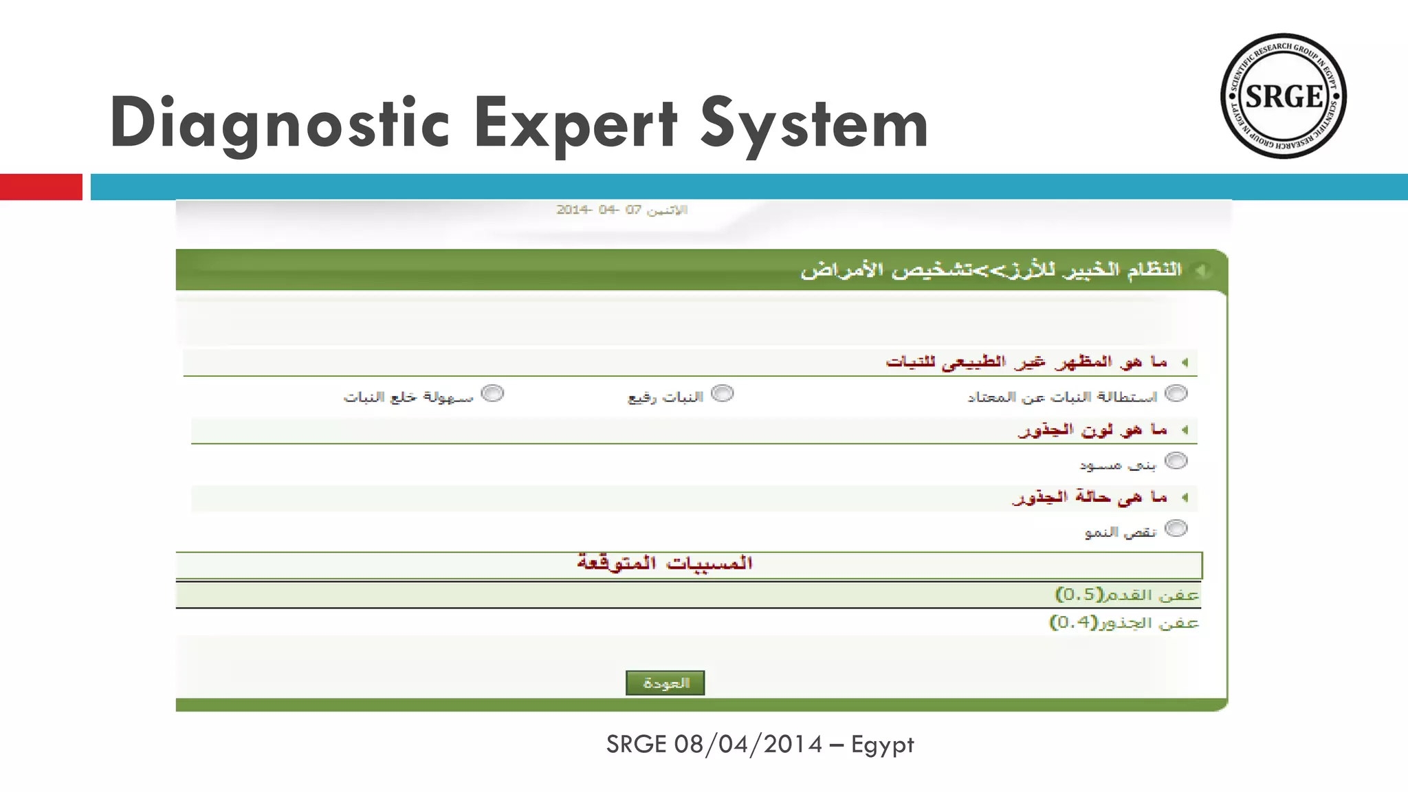 Diagnostic Expert System
SRGE 08/04/2014 – Egypt
 