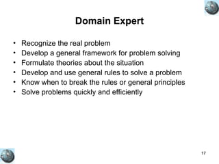 17
Domain Expert
• Recognize the real problem
• Develop a general framework for problem solving
• Formulate theories about the situation
• Develop and use general rules to solve a problem
• Know when to break the rules or general principles
• Solve problems quickly and efficiently
 