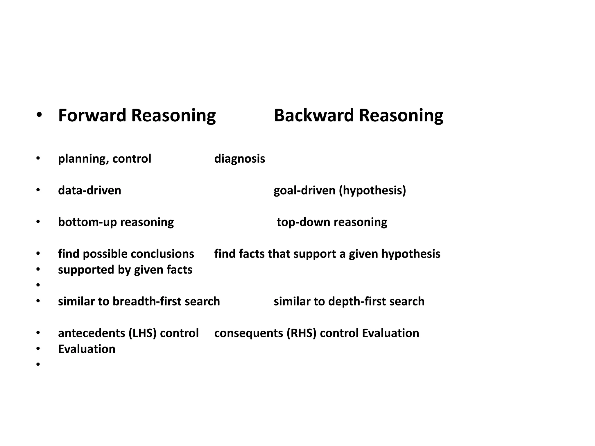 • Forward Reasoning Backward Reasoning
• planning, control diagnosis
• data-driven goal-driven (hypothesis)
• bottom-up reasoning top-down reasoning
• find possible conclusions find facts that support a given hypothesis
• supported by given facts
•
• similar to breadth-first search similar to depth-first search
• antecedents (LHS) control consequents (RHS) control Evaluation
• Evaluation
•
 