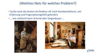 (Welches Netz für welches Problem?)
▪ Suche nach der besten Architektur oft noch Handwerk/Kunst, viel
Erfahrung und Fingerspitzengefühl gefordert
▪ … wie vielleicht beim Schmid oder Geigenbauer …
 