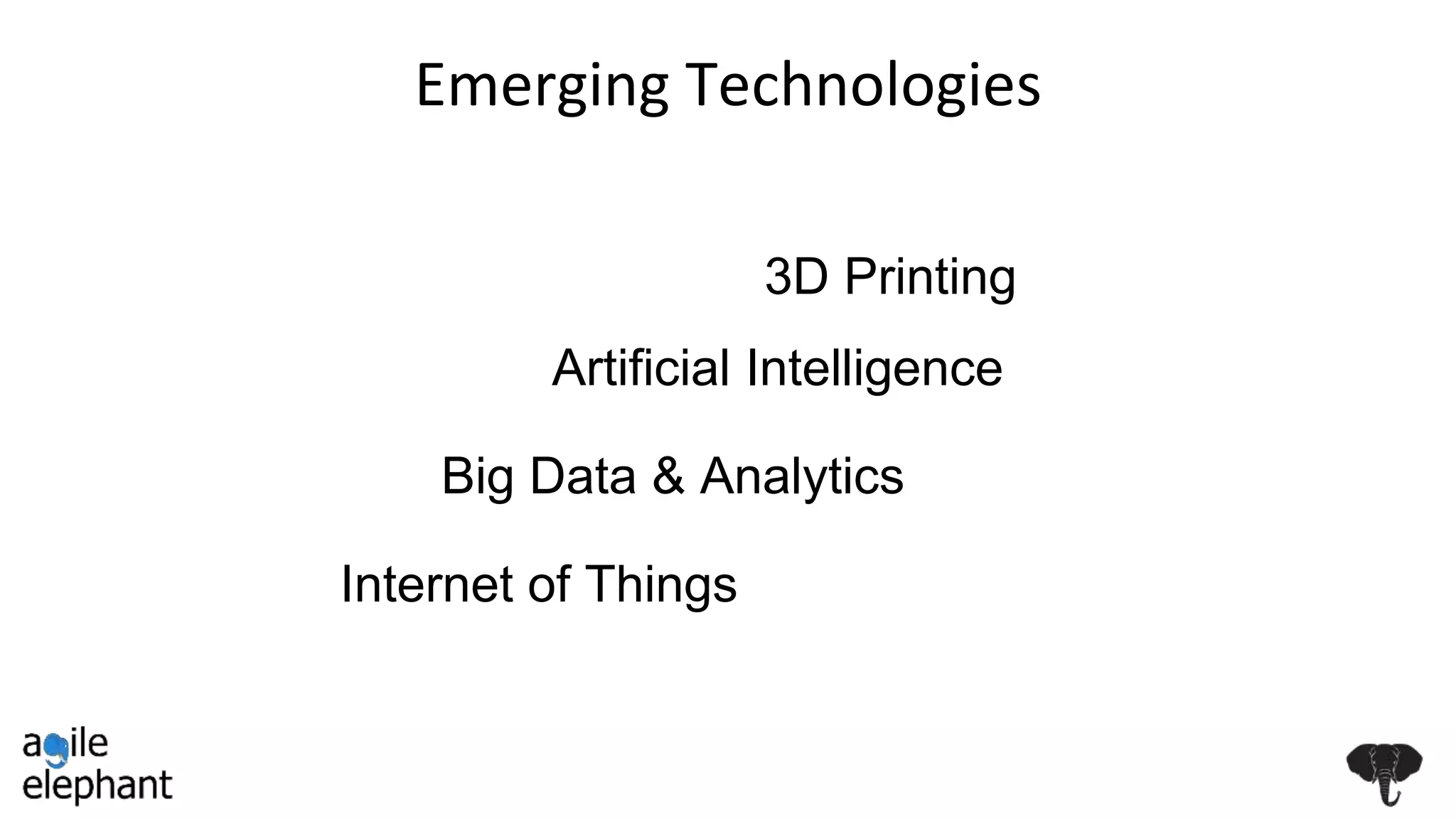 Emerging Technologies
Internet of Things
Big Data & Analytics
3D Printing
Artificial Intelligence
 