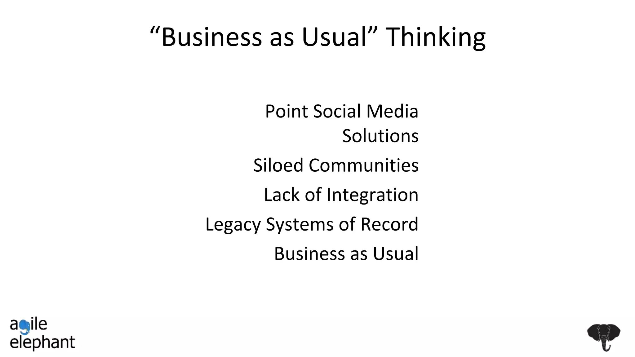 “Business as Usual” Thinking
Point Social Media
Solutions
Siloed Communities
Lack of Integration
Legacy Systems of Record
Business as Usual
 