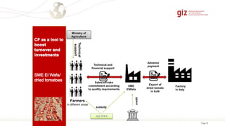 Page 20
Ministry of
Agriculture
Farmers
in different areas
Technical
support
credit
Advance
payment
Export of
dried tomato
in bulk
Factory
in Italy
Technical and
financial support
Sales/off-take
commitment according
to quality requirements
GIZ IPFA
subsidy
SME
ElWafa
 