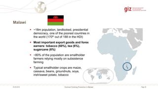 Page 28
Malawi
Contract Farming Promotion in Malawi05.09.2018
 ~18m population, landlocked, presidential
democracy, one of the poorest countries in
the world (170th out of 188 in the HDI)
 Most important export goods and forex
earners: tobacco (60%), tea (6%),
sugarcane (6%)
 ~80% of the population are smallholder
farmers relying mostly on subsistence
farming
 Typical smallholder crops are maize,
cassava, beans, groundnuts, soya,
irish/sweet potato, tobacco
 