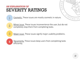 AN EXPLANATION OF
SEVERITY RATINGS
Cosmetic. These issues are mostly cosmetic in nature.
Minor issue. These issues inconvenience the user, but do not
completely stop them from completing tasks.
Major issue. These issues signify major usability problems.
Top priority. These issues keep users from completing tasks
efficiently.
1
2
3
4
#
 