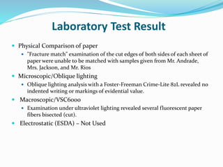 Laboratory Test Result
 Physical Comparison of paper
 "Fracture match" examination of the cut edges of both sides of each sheet of
paper were unable to be matched with samples given from Mr. Andrade,
Mrs. Jackson, and Mr. Rios
 Microscopic/Oblique lighting
 Oblique lighting analysis with a Foster-Freeman Crime-Lite 82L revealed no
indented writing or markings of evidential value.
 Macroscopic/VSC6000
 Examination under ultraviolet lighting revealed several fluorescent paper
fibers bisected (cut).
 Electrostatic (ESDA) – Not Used
 