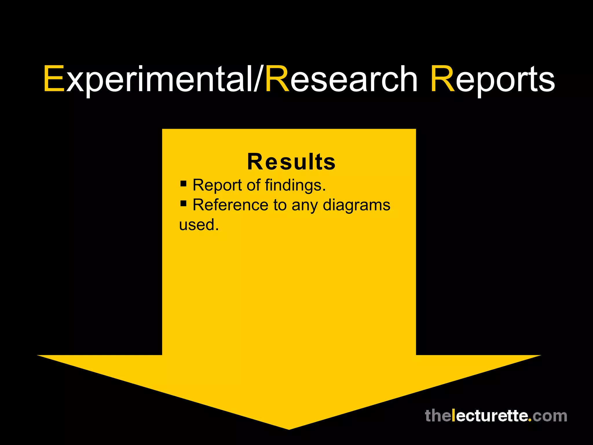 E xperimental/ R esearch  R eports Results Report of findings. Reference to any diagrams used. 