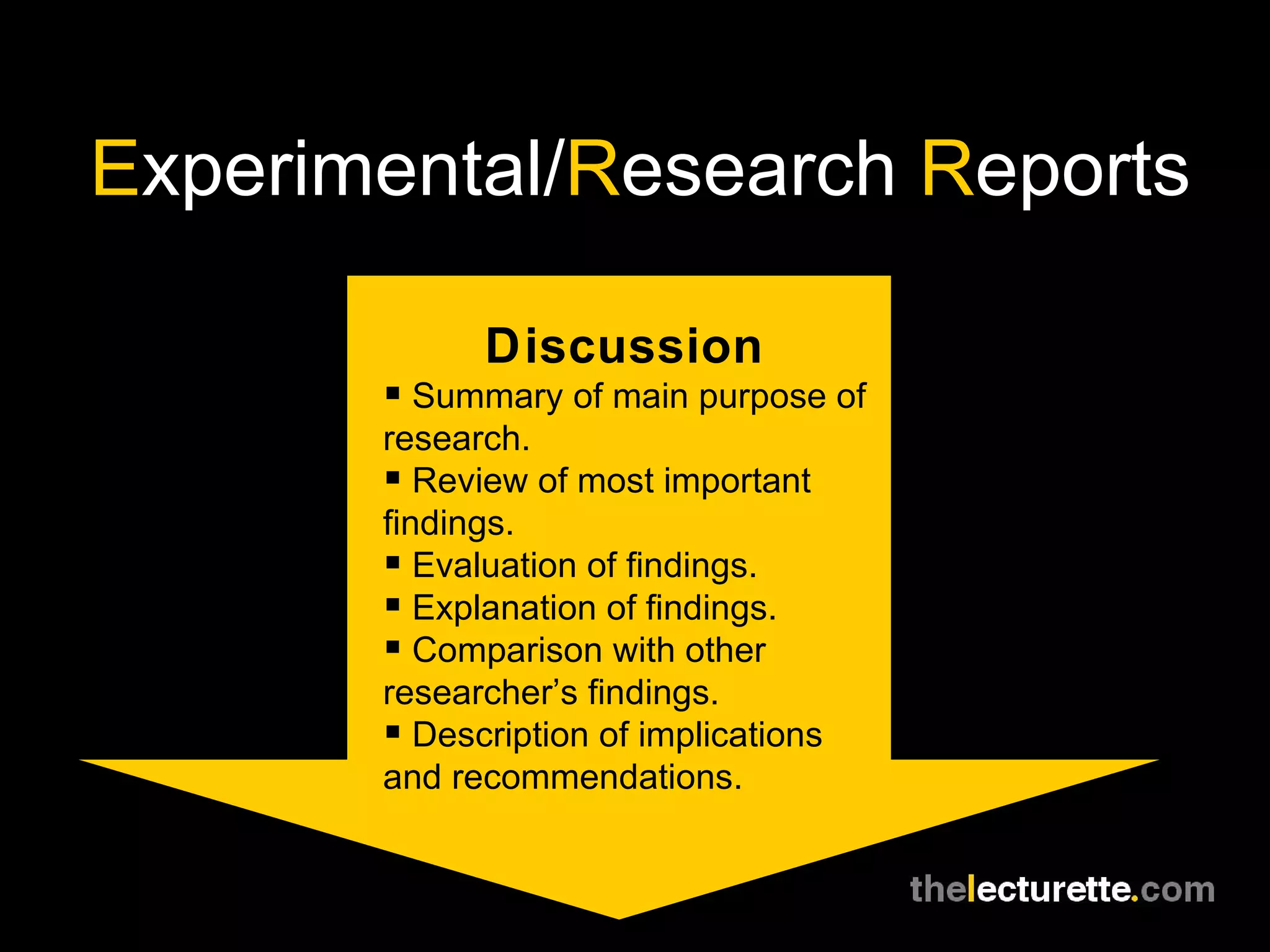 E xperimental/ R esearch  R eports Discussion Summary of main purpose of research. Review of most important findings. Evaluation of findings. Explanation of findings. Comparison with other researcher’s findings. Description of implications and recommendations. 