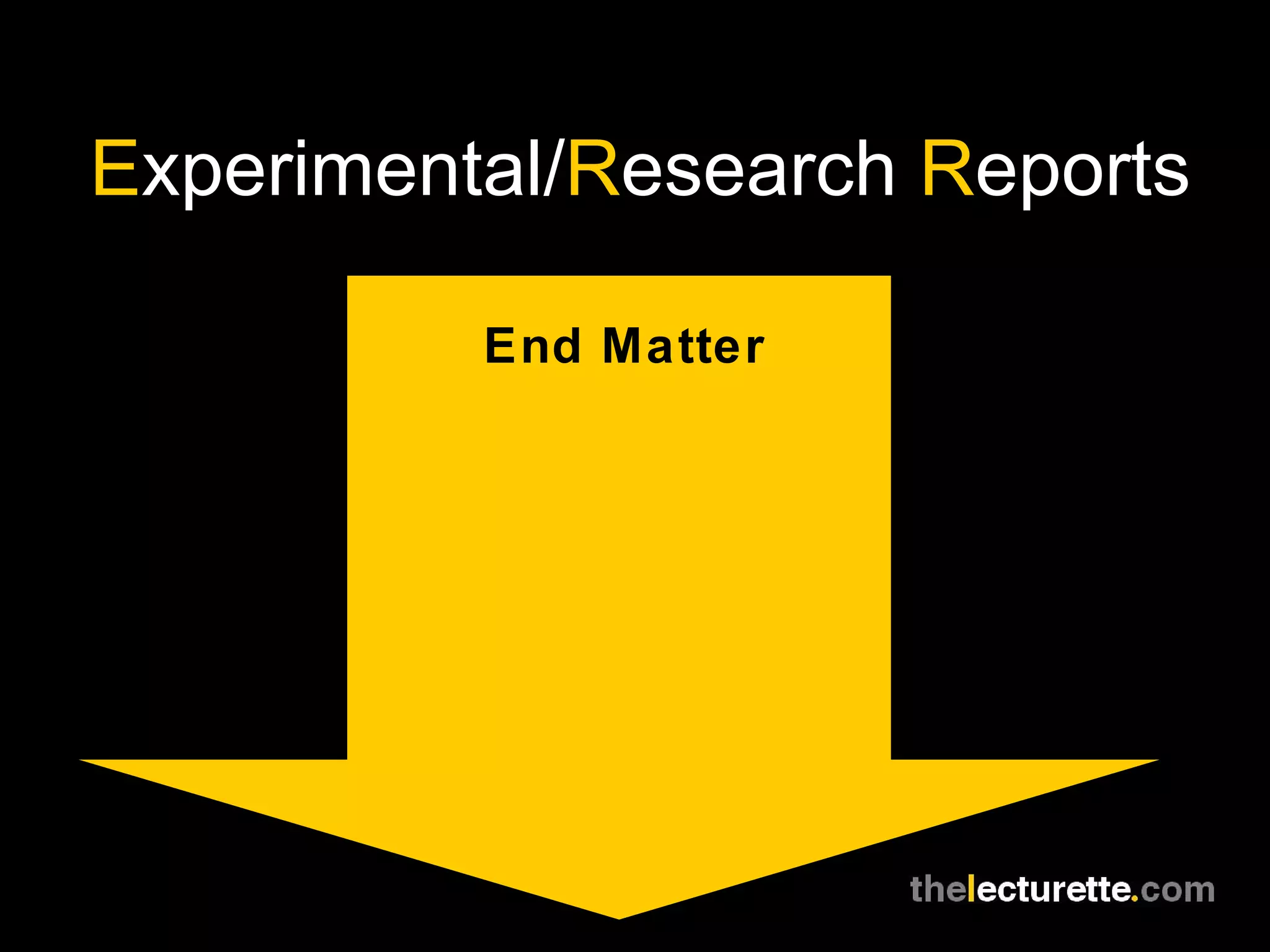 E xperimental/ R esearch  R eports End Matter 