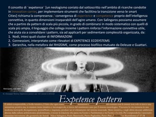 Il concetto di "expetence" [un neologismo coniato dal sottoscritto nell'ambito di ricerche condotte in Innovationcarrier, per implementare strumenti che facilitino la transizione verso le smartCities] richiama la compresenza / convergenza di experience e competence proprio dell’intelligenza connettiva, in quanto dimensioni inseparabili dell'agire umano. Con Salìngaros possiamo assumere che a partire da pattern di scala più piccola, in grado di combinarsi in modo sistematico con quelli di scala più ampia, il linguaggio che collega insieme i pattern rinforza l’informazione connettiva utile, che aiuta sia a convalidare i pattern, sia ad applicarli per sedimentare complessità organizzata, da:1.  Nodi, intesi quali cluster di INFORMAZIONI 2.  Connessioni, interpretate come rilevatori di EXPETENCE ECOSYSTEMS    3.  Gerarchia, nella metafora del RHIZOME, come processo biofilico mutuato da Deleuze e Guattari.Metropolis, USA 1927Expetence pattern8 | Giuseppe Nenna, Expetence pattern per reti umane e ottimali È infatti comprensibile, a livello intuitivo, il fatto che ogni essere umano tragga sensazioni e stimoli favorevoli dal contatto con la natura: non solo si riceve una sensazione positiva ma, in maniera meno intuitiva e inconsapevole, si riceve del nutrimento sano per il sistema neurologico. Viceversa la vita immersa in una moderna metropoli, disorganizzata, ipertrafficata e inquinata, produce un avvelenamento del sistema neuronale. Meno intuitiva, e negli ultimi decenni addirittura alterata dalla cultura architettonica predominante, è invece la relazione che passa tra l'uomo e l'architettura e tra l'uomo e la città. Per comprenderla è necessario rimandare brevemente alla geometria dei frattali [ NikosSalìngaros, Paolo Masciocchi, Pietro Pagliardini, Pietro Pini , "Biofilìa" in Bioarchitetturan° 57-58 ].
