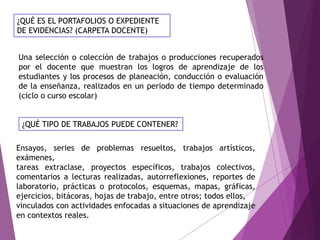 ¿QUÉ ES EL PORTAFOLIOS O EXPEDIENTE
DE EVIDENCIAS? (CARPETA DOCENTE)
Una selección o colección de trabajos o producciones recuperados
por el docente que muestran los logros de aprendizaje de los
estudiantes y los procesos de planeación, conducción o evaluación
de la enseñanza, realizados en un periodo de tiempo determinado
(ciclo o curso escolar)
¿QUÉ TIPO DE TRABAJOS PUEDE CONTENER?
Ensayos, series de problemas resueltos, trabajos artísticos,
exámenes,
tareas extraclase, proyectos específicos, trabajos colectivos,
comentarios a lecturas realizadas, autorreflexiones, reportes de
laboratorio, prácticas o protocolos, esquemas, mapas, gráficas,
ejercicios, bitácoras, hojas de trabajo, entre otros; todos ellos,
vinculados con actividades enfocadas a situaciones de aprendizaje
en contextos reales.
 