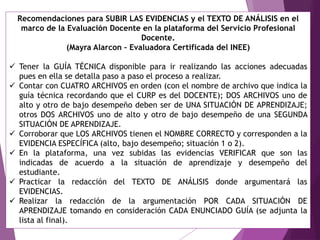 Recomendaciones para SUBIR LAS EVIDENCIAS y el TEXTO DE ANÁLISIS en el
marco de la Evaluación Docente en la plataforma del Servicio Profesional
Docente.
(Mayra Alarcon – Evaluadora Certificada del INEE)
 Tener la GUÍA TÉCNICA disponible para ir realizando las acciones adecuadas
pues en ella se detalla paso a paso el proceso a realizar.
 Contar con CUATRO ARCHIVOS en orden (con el nombre de archivo que indica la
guía técnica recordando que el CURP es del DOCENTE); DOS ARCHIVOS uno de
alto y otro de bajo desempeño deben ser de UNA SITUACIÓN DE APRENDIZAJE;
otros DOS ARCHIVOS uno de alto y otro de bajo desempeño de una SEGUNDA
SITUACIÓN DE APRENDIZAJE.
 Corroborar que LOS ARCHIVOS tienen el NOMBRE CORRECTO y corresponden a la
EVIDENCIA ESPECÍFICA (alto, bajo desempeño; situación 1 o 2).
 En la plataforma, una vez subidas las evidencias VERIFICAR que son las
indicadas de acuerdo a la situación de aprendizaje y desempeño del
estudiante.
 Practicar la redacción del TEXTO DE ANÁLISIS donde argumentará las
EVIDENCIAS.
 Realizar la redacción de la argumentación POR CADA SITUACIÓN DE
APRENDIZAJE tomando en consideración CADA ENUNCIADO GUÍA (se adjunta la
lista al final).
 