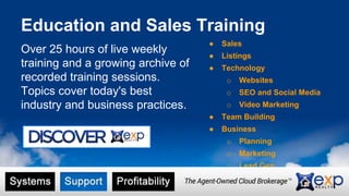 Education and Sales Training 
● Sales 
Over 25 hours of live weekly 
● Listings 
training and a growing archive of 
● Technology 
recorded training sessions. 
Topics cover today's best 
industry and business practices. 
o Websites 
o SEO and Social Media 
o Video Marketing 
● Team Building 
● Business 
o Planning 
o Marketing 
o Lead Gen 
● Industry Innovations 
 