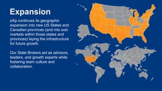Expansion 
eXp continues its geographic 
expansion into new US States and 
Canadian provinces (and into sub-markets 
within those states and 
provinces) laying the infrastructure 
for future growth. 
Our State Brokers act as advisors, 
leaders, and growth experts while 
fostering team culture and 
collaboration. 
 