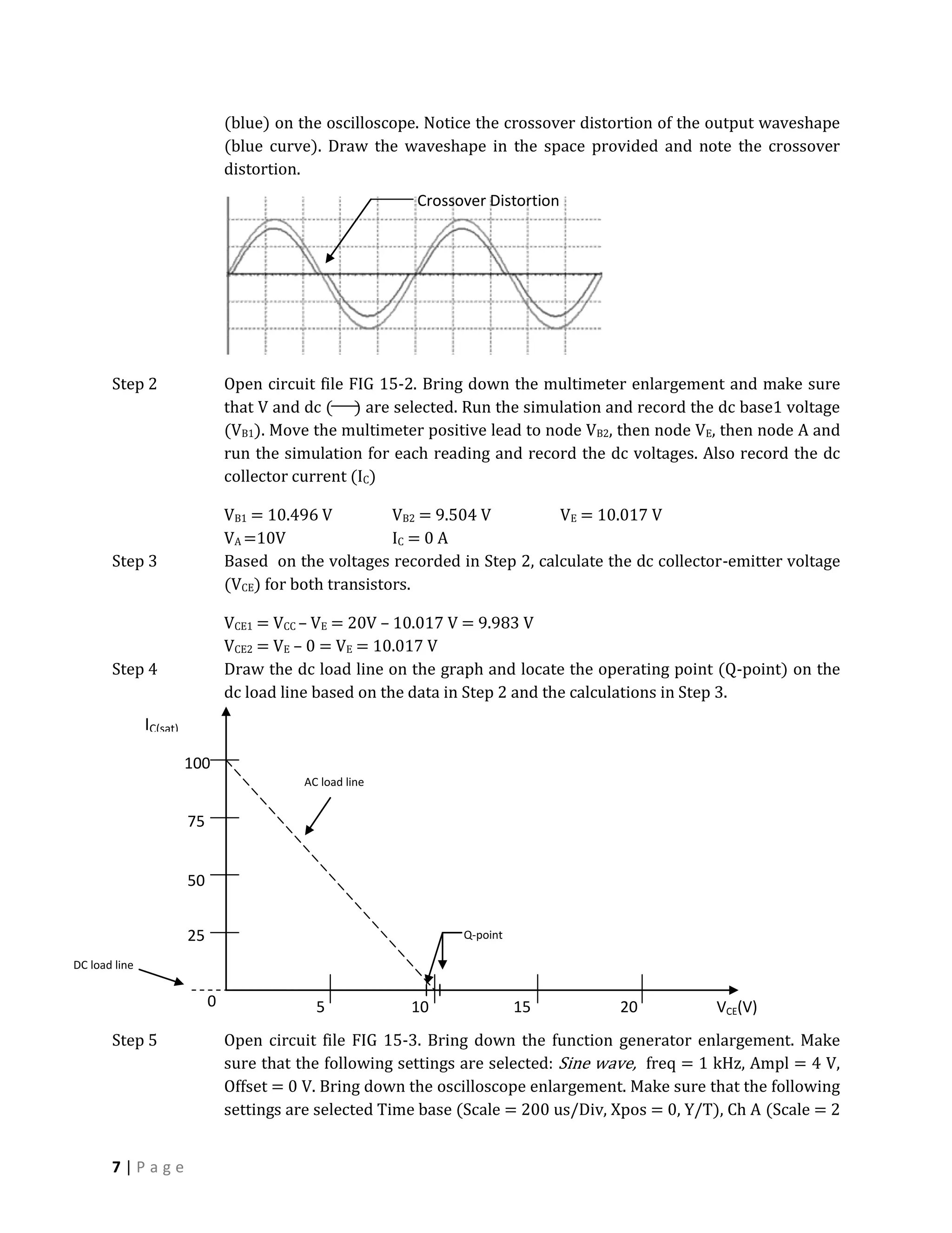 (blue) on the oscilloscope. Notice the crossover distortion of the output waveshape
                                  (blue curve). Draw the waveshape in the space provided and note the crossover
                                  distortion.
                                                            Crossover Distortion




       Step 2                     Open circuit file FIG 15-2. Bring down the multimeter enlargement and make sure
                                  that V and dc ( ) are selected. Run the simulation and record the dc base1 voltage
                                  (VB1). Move the multimeter positive lead to node VB2, then node VE, then node A and
                                  run the simulation for each reading and record the dc voltages. Also record the dc
                                  collector current (IC)

                                  VB1 = 10.496 V          VB2 = 9.504 V        VE = 10.017 V
                                  VA =10V                 IC = 0 A
       Step 3                     Based on the voltages recorded in Step 2, calculate the dc collector-emitter voltage
                                  (VCE) for both transistors.

                                  VCE1 = VCC – VE = 20V – 10.017 V = 9.983 V
                                  VCE2 = VE – 0 = VE = 10.017 V
       Step 4                     Draw the dc load line on the graph and locate the operating point (Q-point) on the
                                  dc load line based on the data in Step 2 and the calculations in Step 3.
               IC(sat)

                         100
                                            AC load line


                         75


                         50


                         25                                       Q-point

DC load line


                              0               5            10               15          20           VCE(V)
       Step 5                     Open circuit file FIG 15-3. Bring down the function generator enlargement. Make
                                  sure that the following settings are selected: Sine wave, freq = 1 kHz, Ampl = 4 V,
                                  Offset = 0 V. Bring down the oscilloscope enlargement. Make sure that the following
                                  settings are selected Time base (Scale = 200 us/Div, Xpos = 0, Y/T), Ch A (Scale = 2


       7|Page
 