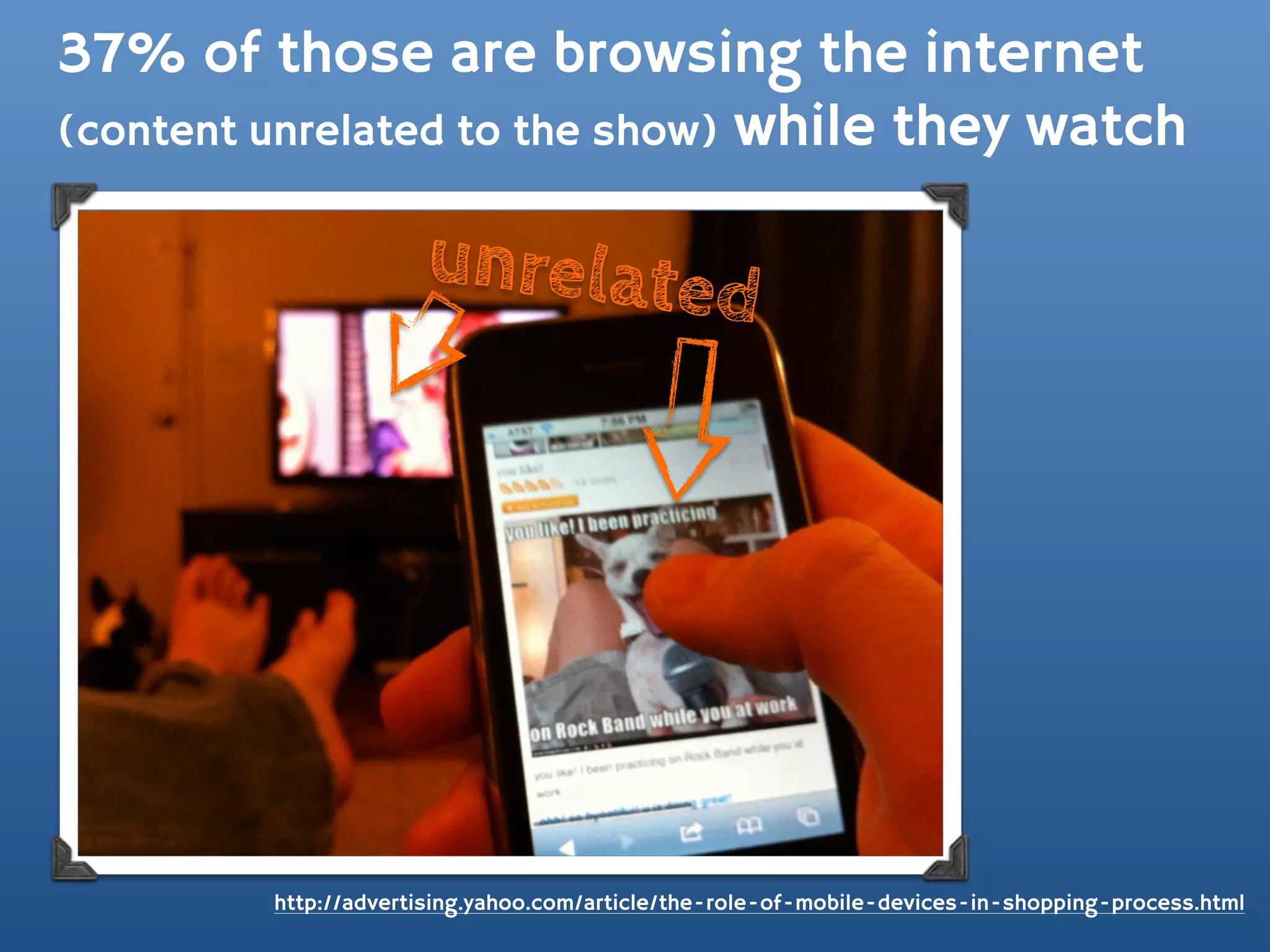 37% of those are browsing the internet
(content unrelated to the show) while they watch

                      unrelate
                                                d




         http://advertising.yahoo.com/article/the-role-of-mobile-devices-in-shopping-process.html
 
