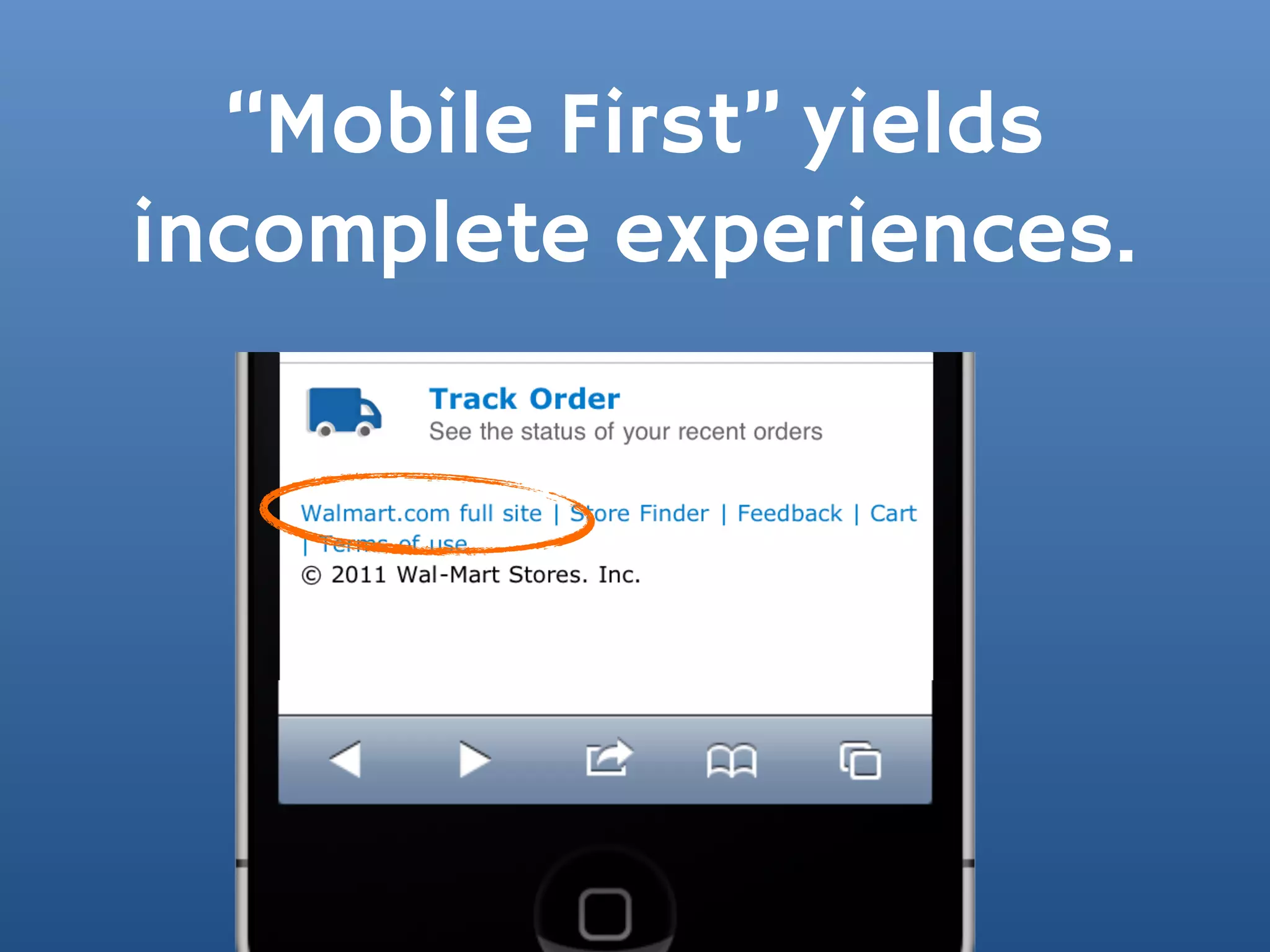 “Mobile First” yields
incomplete experiences.
 