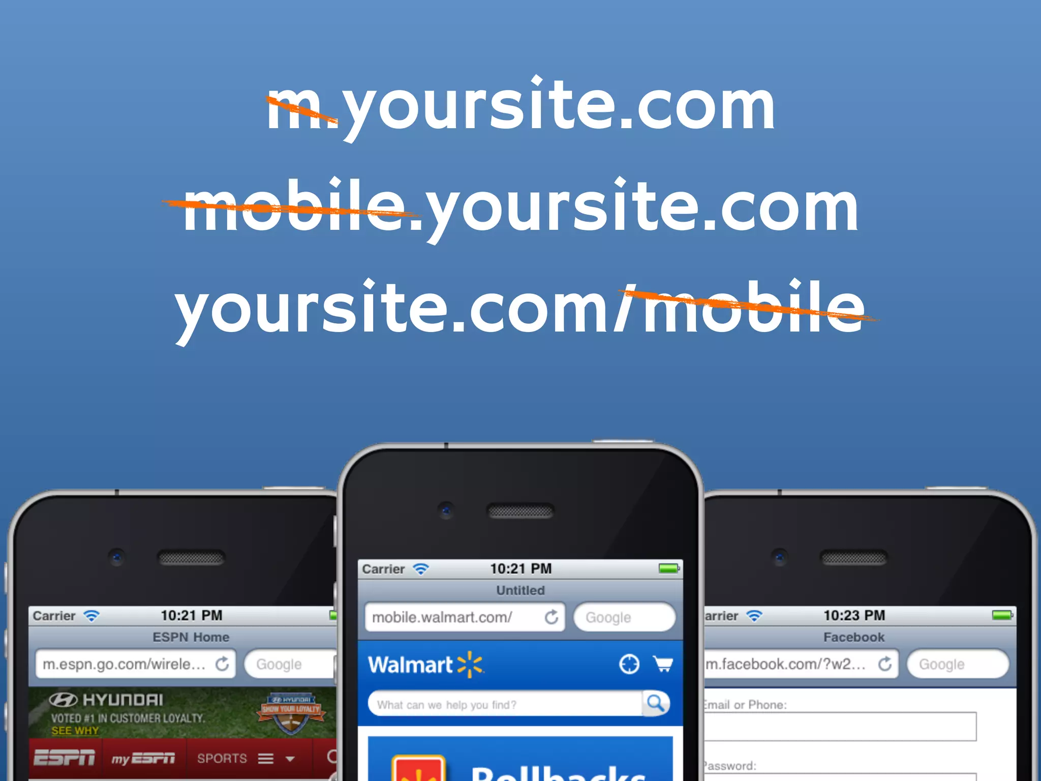 m.yoursite.com
mobile.yoursite.com
yoursite.com/mobile
 
