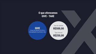 O que oferecemos
GIVE - TAKE
GIVE
A taxa de adesão já inclui a
mensalidade do primeiro mês.
Taxa de adesão:
R$500,00
Taxa mensal:
R$250,00
 