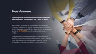 O que oferecemos
Explore o poder da economia colaborativa com a eXp e tenha
além da comissão, outras receitas com a venda de imóveis.
A eXp oferece um modelo de distribuição de receita para os
corretores que ajudam na atração, desenvolvimento e retenção
do time. Para cada membro do time que o corretor formar, poderá
ganhar até R$11.667,00, dependendo da produtividade em
vendas.
Esse pagamento é recorrente, desde que o time continue em
atividade, performando bem e atingindo metas. O que é recebido
como distribuição de receita vem da eXp, portanto, não há
diminuição no valor da comissão dos corretores do time.
 