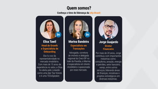 Quem somos?
Conheça o time de liderança da eXp Brasil:
Elisa Tawil
Ela é a voz da
representatividade no
mercado imobiliário.
Com mais de 15 anos de
experiência no setor, a Elisa
foi eleita pelo LinkedIn
como uma das Top Voices
e é uma TEDxSpeaker.
Head de Growth
e Especialista de
Onboarding
Marina Bandeira
Advogada, corretora
de imóveis e delegada
regional do Creci-SP no
Vale da Paraíba, a Marina
é especialista em direito
imobiliário e apaixonada
por esse mercado.
Especialista em
Transações
GILBERTO FERREIRA DOS
SANTOS
Jorge Guajardo
Por mais de 20 anos, Jorge
contribuiu com importantes
indústrias como:
consultoria, aviação, energia
e petróleo, setor bancário,
varejo, entre outros
serviços; liderando áreas
de finanças, iniciativas e
projetos estratégicos em
diversas indústrias.
Diretor
Financeiro
 