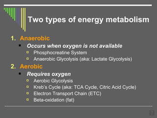 Two types of energy metabolism Anaerobic Occurs when oxygen is not available Phosphocreatine System Anaerobic Glycolysis (aka: Lactate Glycolysis) Aerobic Requires oxygen Aerobic Glycolysis Kreb’s Cycle (aka: TCA Cycle, Citric Acid Cycle) Electron Transport Chain (ETC) Beta-oxidation (fat) 