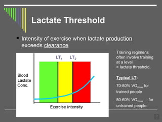 Lactate Threshold Intensity of exercise when lactate  production  exceeds  clearance Training regimens often involve training at a level  > lactate threshold. Typical LT : 70-80% VO 2max  for trained people 50-60% VO 2max   for untrained people. 
