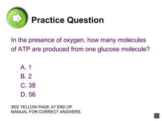 Practice Question In the presence of oxygen, how many molecules  of ATP are produced from one glucose molecule? A. 1 B. 2 C. 38 D. 56 SEE YELLOW PAGE AT END OF MANUAL FOR CORRECT ANSWERS. 