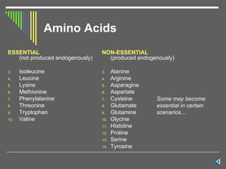 Amino Acids ESSENTIAL  (not produced endogenously)  Isoleucine Leucine Lysine Methionine Phenylalanine Threonine  Tryptophan Valine NON-ESSENTIAL   (produced endogenously) Alanine Arginine Asparagine Aspartate Cysteine Glutamate Glutamine Glycine Histidine Proline Serine Tyrosine Some may become essential in certain scenarios… 
