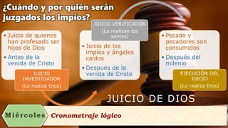 • Juicio de quienes
han profesado ser
hijos de Dios
• Antes de la
venida de Cristo
JUICIO
INVESTIGADOR
(Lo realiza Dios)
• Juicio de los
impíos y ángeles
caídos
• Después de la
venida de Cristo
JUICIO VERIFICADOR
(Lo realizan los
santos) • Pecado y
pecadores son
consumidos
• Después del
milenio
EJECUCIÓN DEL
JUICIO
(Lo realiza Dios)
¿Cuándo y por quién serán
juzgados los impíos?
JUICIO DE DIOS
 
