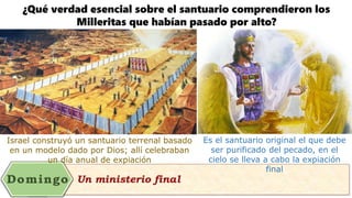 With 3-D Rotation Effect
¿Qué verdad esencial sobre el santuario comprendieron los
Milleritas que habían pasado por alto?
Israel construyó un santuario terrenal basado
en un modelo dado por Dios; allí celebraban
un día anual de expiación
Es el santuario original el que debe
ser purificado del pecado, en el
cielo se lleva a cabo la expiación
final
 