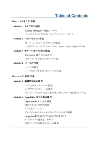Table of Contents
ȥ`˥ 1Ŀ ǰ

Module 1 饤֥β
        Library Manager ΙCܤˤĤ
        ȥ饤֥Ǥ ѩ`ƥ ˤĤ
Module 2 ѥåɥå
        ۩`롢ѥåɡѥåɥåθ
        ѥåɥåǥǤ ۩`롢ѥåɡѥåɥå
             եåȥץ)
Module 3  (եåȥץ 
             եåȥץ
        Expedition PCB ΥO
        륨ǥʹä  
Module 4 ѩ`Ĥ
        ѩ`Ĥθ
        ѩ`ĥǥʹäѩ`Ĥ

ȥ`˥1Ŀ 

Module 5 CƼsO
        쥤ȥƥץ`Ȥθ
        쥤ȥƥץ`Ȥ
        ƥץ`ȤΥ`饤֥˥,ѥå ʤɤ򥳥ԩ`
                       λ
Module 6 Expedition PCBλ
        Expedition PCB λ
        GUI Υɥڤ
        `ȥѥ˥
        ǥץ쥤ȥ`ǤΥ֥ȱʾ
        Expedition PCB ˤȤʤ3ĤΥ`
        ֥Ȥxkȥϥ饤
        OӋǩ`ڤβƷͥåȤΗ
 