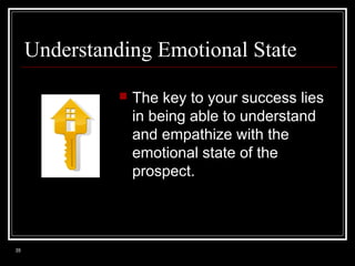 Understanding Emotional State


35

The key to your success lies
in being able to understand
and empathize with the
emotional state of the
prospect.

 