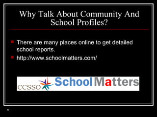 Why Talk About Community And
School Profiles?




71

There are many places online to get detailed
school reports.
http://www.schoolmatters.com/

 