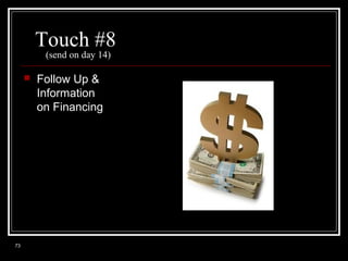 Touch #8
(send on day 14)



73

Follow Up &
Information
on Financing

 