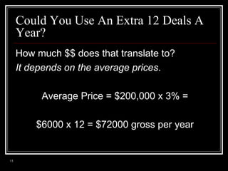Could You Use An Extra 12 Deals A
Year?
How much $$ does that translate to?
It depends on the average prices.
Average Pric...