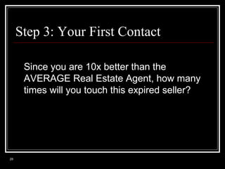 Step 3: Your First Contact
Since you are 10x better than the
AVERAGE Real Estate Agent, how many
times will you touch this...