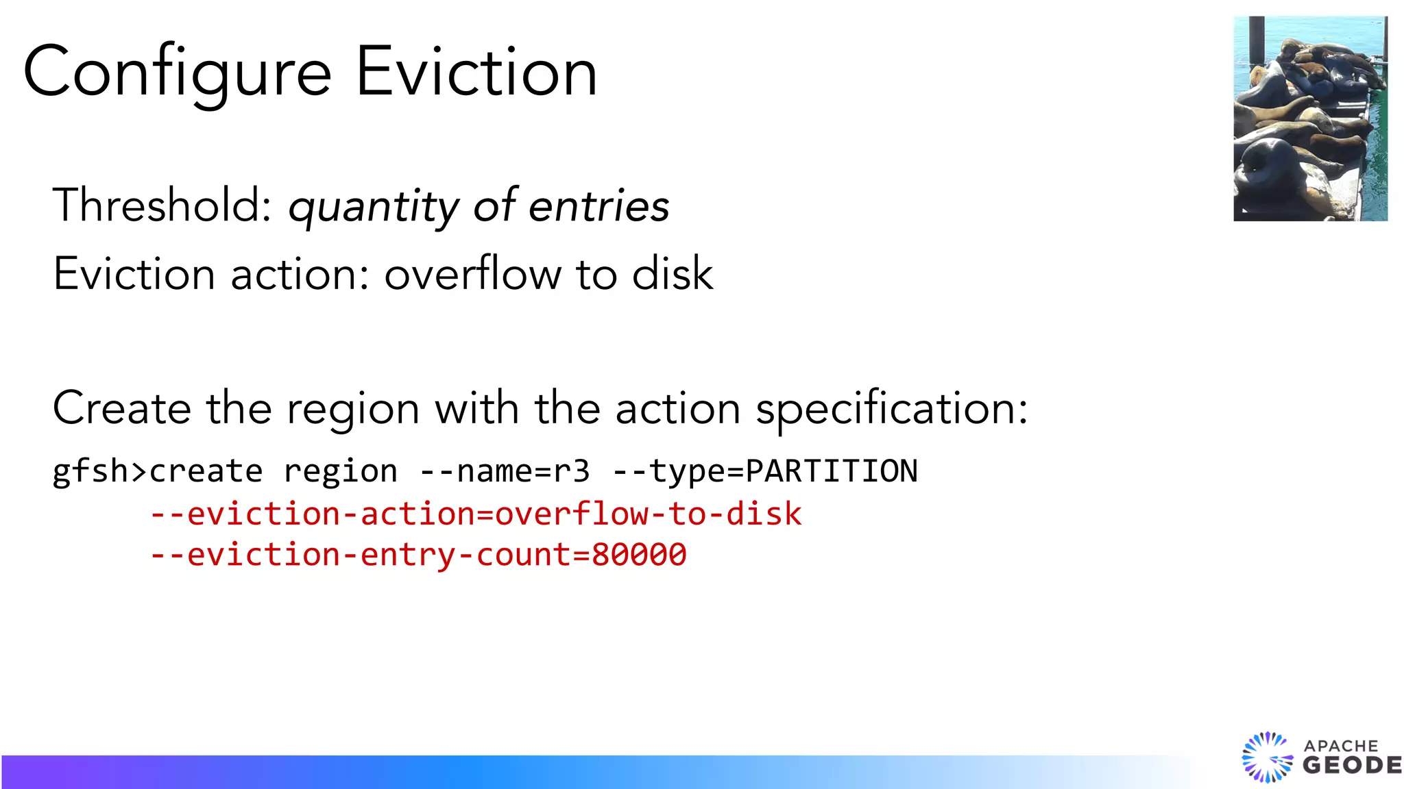 Threshold: quantity of entries
Eviction action: overflow to disk
Create the region with the action specification:
gfsh>create region --name=r3 --type=PARTITION
--eviction-action=overflow-to-disk
--eviction-entry-count=80000
Configure Eviction
 