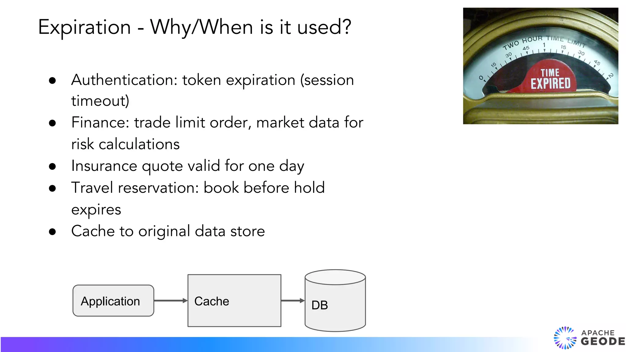 ● Authentication: token expiration (session
timeout)
● Finance: trade limit order, market data for
risk calculations
● Insurance quote valid for one day
● Travel reservation: book before hold
expires
● Cache to original data store
Expiration - Why/When is it used?
Application Cache DB
 