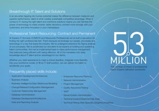 Breakthrough IT Talent and Solutions
In an era when tapping into human potential makes the difference between mediocre and
superior performance, talent is what creates sustainable competitive advantage. When it




                                                                                                            53
comes to IT, having the right talent and workforce solutions means you can harness the
power of technology to make smarter, faster decisions; connect more strongly with your
customers; and drive innovation in your marketplace.

Professional Talent Resourcing: Contract and Permanent
At Experis IT (formerly COMSYS and Manpower Professional) we’ve built a reputation for
finding the right professionals fast. That’s because we leverage our people, processes and
technology in a way that leads the industry. We’ve undergone extensive Six Sigma analysis
of our processes. We’ve positioned our recruiters to be experts at building and sustaining
talent communities. And we’ve implemented best-in-class performance management
that balances being efficient with being effective. All of this translates into deep



                                                                                                          MILLION
knowledge about IT talent and an advantage for our clients.

Whether you need assistance to meet a critical deadline, integrate more flexibility
into your workforce model, or fill an IT staff position, we can deliver the talent to
accelerate your goals.                                                                                     The number of hours of professional
                                                                                                           talent Experis delivered worldwide.
Frequently placed skills include:
• Application Development/Architecture                  • Enterprise Resource Planning
• Business Analysis                                     • Network Administration
• Business Intelligence/Data Warehouse Modeling         • Project Management
• Change/Release/Configuration Management               • Quality Assurance/Testing
• Customer Relationship Management                      • SAS®
• Database Administration                               • Server/System Administration
• Database Development/Architecture                     • Technical Support/Desktop/Help Desk
• Data and Reporting Analysis                           • Technical Writing Web Specialty (Graphics/Analytics)
 