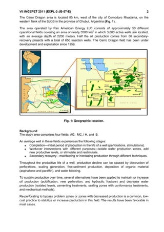 VII INGEPET 2011 (EXPL-2-JB-57-E) 2
The Cerro Dragon area is located 85 km, west of the city of Comodoro Rivadavia, on the
western flank of the SJGB in the province of Chubut, Argentina (Fig. 1).
The area operated by Pan American Energy LLC consists of approximately 50 different
operational fields covering an area of nearly 3500 km2
in which 3,800 active wells are located,
with an average depth of 2200 meters. Half the oil production comes from 60 secondary-
recovery projects with a total of 650 injection wells. The Cerro Dragon field has been under
development and exploitation since 1959.
Fig. 1: Geographic location.
Background
The study area comprises four fields: AG, MC, l H, and B.
An average well in these fields experiences the following stages:
• Completion—initial period of production in the life of a well (perforations, stimulations).
• Workover interventions with different purposes—isolate water production zones, add
new productive levels, or stimulate and restimulate.
• Secondary recovery—maintaining or increasing production through different techniques.
Throughout the productive life of a well, production decline can be caused by obstruction of
perforations, scaling generation, fine-sediment production, deposition of organic material
(asphaltene and paraffin), and water blocking.
To sustain production over time, several alternatives have been applied to maintain or increase
oil production (acidification, new perforation, and hydraulic fracture) and decrease water
production (isolated levels, cementing treatments, sealing zones with conformance treatments,
and mechanical methods).
Re-perforating to bypass problem zones or zones with decreased production is a common, low-
cost practice to stabilize or increase production in this field. The results have been favorable in
most cases.
 