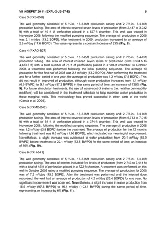 VII INGEPET 2011 (EXPL-2-JB-57-E) 9
Case 3 (PXB-858)
The well geometry consisted of 5 ½-in., 15.5-lb/ft production casing and 2 7/8-in., 6.4-lb/ft
production tubing. The area of interest covered seven levels of production (from 2,447 to 3,032
ft) with a total of 49 ft of perforation placed in a 627-ft chamber. This well was treated in
November 2008 following the modified pumping sequence. The average oil production in 2008
was 2.1 m³/day (13.2 BOPD). After treatment in 2009, production increased to an average of
2.8 m³/day (17.6 BOPD). This value represents a constant increase of 33% (Fig. 8).
Case 4 (PXAG-827)
The well geometry consisted of 5 ½-in., 15.5-lb/ft production casing and 2 7/8-in., 6.4-lb/ft
production tubing. The area of interest covered seven levels of production (from 3,534.5 to
4,483.5 ft) with a total number of 76 ft of perforation placed in a 984-ft chamber. In October
2008, a treatment was performed following the initial pumping sequence. The average oil
production for the first half of 2008 was 2.1 m³/day (13.2 BOPD). After performing the treatment
and for a further period of one year, the average oil production was 1.2 m³/day (7.5 BOPD). This
did not result in improved oil production, although water production increased from 1.1 m³/day
(6.9 BWPD) to 9.1 m³/day (57.2 BWPD) in the same period of time; an increase of 720% (Fig.
9). For future stimulation treatments, the use of water-control systems (i.e. relative permeability
modifiers) will be considered in the treatment schedule to help minimize water production in
these marginal wells. This methodology has proved successful in other parts of the world
(Garcia et al. 2008).
Case 5 (PXMC-848)
The well geometry consisted of 5 ½-in., 15.5-lb/ft production casing and 2 7/8-in., 6.4-lb/ft
production tubing. The area of interest covered seven levels of production (from 6,713 to 7,015
ft) with a total of 64 ft of perforation placed in a 374-ft chamber. This well was treated in
November 2008, following the modified pumping sequence. The average oil production in 2008
was 1.2 m³/day (3.9 BOPD) before the treatment. The average oil production for the 12 months
following treatment was 0.6 m³/day (1.96 BOPD), which indicated no meaningful improvement.
Nevertheless, a slight increase was evidenced in water production; from 20.1 m³/day (65.9
BWPD) before treatment to 22.1 m³/day (72.5 BWPD) for the same period of time; an increase
of 10% (Fig. 10).
Case 6 (PXH-841)
The well geometry consisted of 5 ½-in., 15.5-lb/ft production casing and 2 7/8-in., 6.4-lb/ft
production tubing. The area of interest included five levels of production (from 2,743 to 3,414 ft)
with a total of 45 ft of perforation placed in a 722-ft chamber. A treatment was performed on this
well in October 2008 using a modified pumping sequence. The average oil production for 2008
was of 7.2 m³/day (45.3 BOPD). After the treatment was performed and the injected dose
recovered, the well had an average oil production of 4.2 m³/day (26.4 BOPD) for one year. No
significant improvement was observed. Nevertheless, a slight increase in water production from
15.5 m³/day (97.5 BWPD) to 16.4 m³/day (103.1 BWPD) during the same period of time,
representing an increase by 6% (Fig. 11).
 