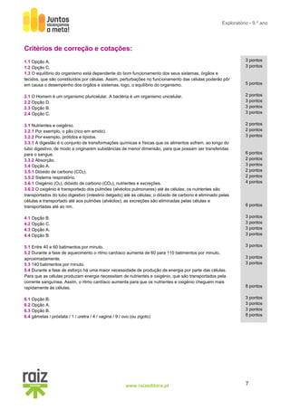 7www.raizeditora.pt
Exploratório - 9.º ano
Critérios de correção e cotações:
1.1 Opção A.
1.2 Opção C.
1.3 O equilíbrio do organismo está dependente do bom funcionamento dos seus sistemas, órgãos e
tecidos, que são constituídos por células. Assim, perturbações no funcionamento das células poderão pôr
em causa o desempenho dos órgãos e sistemas, logo, o equilíbrio do organismo.
2.1 O Homem é um organismo pluricelular. A bactéria é um organismo unicelular.
2.2 Opção D.
2.3 Opção B.
2.4 Opção C.
3.1 Nutrientes e oxigénio.
3.2.1 Por exemplo, o pão (rico em amido).
3.2.2 Por exemplo, prótidos e lípidos.
3.3.1 A digestão é o conjunto de transformações químicas e físicas que os alimentos sofrem, ao longo do
tubo digestivo, de modo a originarem substâncias de menor dimensão, para que possam ser transferidas
para o sangue.
3.3.2 Absorção.
3.4 Opção A.
3.5.1 Dióxido de carbono (CO2).
3.5.2 Sistema respiratório.
3.6.1 Oxigénio (O2), dióxido de carbono (CO2), nutrientes e excreções.
3.6.2 O oxigénio é transportado dos pulmões (alvéolos pulmonares) até às células; os nutrientes são
transportados do tubo digestivo (intestino delgado) até às células; o dióxido de carbono é eliminado pelas
células e transportado até aos pulmões (alvéolos); as excreções são eliminadas pelas células e
transportadas até ao rim.
4.1 Opção B.
4.2 Opção C.
4.3 Opção A.
4.4 Opção B.
5.1 Entre 40 e 60 batimentos por minuto.
5.2 Durante a fase de aquecimento o ritmo cardíaco aumenta de 60 para 110 batimentos por minuto,
aproximadamente.
5.3 140 batimentos por minuto.
5.4 Durante a fase de esforço há uma maior necessidade de produção de energia por parte das células.
Para que as células produzam energia necessitam de nutrientes e oxigénio, que são transportados pela
corrente sanguínea. Assim, o ritmo cardíaco aumenta para que os nutrientes e oxigénio cheguem mais
rapidamente às células.
6.1 Opção B.
6.2 Opção A.
6.3 Opção B.
6.4 gâmetas / próstata / 1 / uretra / 4 / vagina / 9 / ovo (ou zigoto)
3 pontos
3 pontos
5 pontos
2 pontos
3 pontos
3 pontos
3 pontos
2 pontos
2 pontos
3 pontos
6 pontos
2 pontos
3 pontos
2 pontos
2 pontos
4 pontos
6 pontos
3 pontos
3 pontos
3 pontos
3 pontos
3 pontos
3 pontos
3 pontos
8 pontos
3 pontos
3 pontos
3 pontos
8 pontos
 