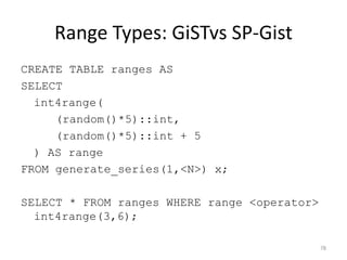 btree_gin
78
CREATE EXTENSION IF NOT EXISTS btree_gin;
!
CREATE UNLOGGED TABLE numbers AS
SELECT (random() * 2000)::int AS a FROM generate_series(1, 2000000) x;
!
CREATE INDEX numbers_gin_idx ON numbers USING gin(a);
!
EXPLAIN ANALYZE SELECT * FROM numbers WHERE a = 1000;
!
QUERY PLAN
------------
Bitmap Heap Scan on numbers (cost=113.50..9509.26 rows=10000 width=4) (actual
time=0.388..1.459 rows=991 loops=1)
Recheck Cond: (a = 1000)
-> Bitmap Index Scan on numbers_gin_idx (cost=0.00..111.00 rows=10000 width=0)
(actual time=0.232..0.232 rows=991 loops=1)
Index Cond: (a = 1000)
!
Total runtime: 1.563 ms
 