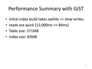 Range	
  Types	
  +	
  GiST
67
CREATE INDEX ranges_range_gist_idx ON ranges USING gist(range);
!
EXPLAIN ANALYZE SELECT * FROM ranges WHERE
int4range(100, 200) && range;
!
QUERY PLAN
------------
Bitmap Heap Scan on ranges (cost=5.29..463.10 rows=130 width=13)
(actual time=0.120..0.135 rows=144 loops=1)
Recheck Cond: ('[100,200)'::int4range && range)
-> Bitmap Index Scan on ranges_range_gist_idx (cost=0.00..5.26
rows=130 width=0) (actual time=0.109..0.109 rows=144 loops=1)
Index Cond: ('[100,200)'::int4range && range)
!
!
Total runtime: 0.168 ms
 