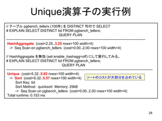 Unique演算子の実行例
// テーブル pgbench_tellers (100件) を DISTINCT 句付で SELECT
# EXPLAIN SELECT DISTINCT tid FROM pgbench_tellers;
                                            QUERY PLAN
-------------------------------------------------------------------------------------------------------------------
 HashAggregate (cost=2.25..3.25 rows=100 width=4)
   -> Seq Scan on pgbench_tellers (cost=0.00..2.00 rows=100 width=4)

// HashAggregate を無効 (set enable_hashagg=off) にして実行してみる。
# EXPLAIN SELECT DISTINCT tid FROM pgbench_tellers;
                                              QUERY PLAN
-------------------------------------------------------------------------------------------------------------------------
 Unique (cost=5.32..5.82 rows=100 width=4)
   -> Sort (cost=5.32..5.57 rows=100 width=4) ソートのコストが大部分を占めている
        Sort Key: tid
        Sort Method: quicksort Memory: 29kB
        -> Seq Scan on pgbench_tellers (cost=0.00..2.00 rows=100 width=4)
 Total runtime: 0.153 ms



                                                                                                                      28
 