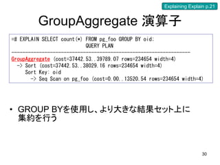 Explaining Explain p.21


         GroupAggregate 演算子
=# EXPLAIN SELECT count(*) FROM pg_foo GROUP BY oid;
                           QUERY PLAN
-----------------------------------------------------------------
GroupAggregate (cost=37442.53..39789.07 rows=234654 width=4)
  -> Sort (cost=37442.53..38029.16 rows=234654 width=4)
     Sort Key: oid
       -> Seq Scan on pg_foo (cost=0.00..13520.54 rows=234654 width=4)




• GROUP BYを使用し、より大きな結果セット上に
  集約を行う



                                                                        30
 