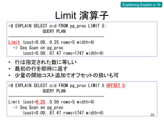 Explaining Explain p.19


                    Limit 演算子
=# EXPLAIN SELECT oid FROM pg_proc LIMIT 5;
               QUERY PLAN
------------------------------------------
Limit (cost=0.00..0.25 rows=5 width=4)
  -> Seq Scan on pg_proc
      (cost=0.00..87.47 rows=1747 width=4)

• 行は指定された数に等しい
• 最初の行を即時に返す
• 少量の開始コスト追加でオフセットの扱いも可
=# EXPLAIN SELECT oid FROM pg_proc LIMIT 5 OFFSET 5;
               QUERY PLAN
------------------------------------------
Limit (cost=0.25..0.50 rows=5 width=4)
  -> Seq Scan on pg_proc
      (cost=0.00..87.47 rows=1747 width=4)                         33
 