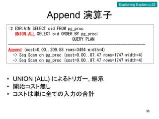 Explaining Explain p.22


                 Append 演算子
=# EXPLAIN SELECT oid FROM pg_proc
   UNION ALL SELECT oid ORDER BY pg_proc;
                             QUERY PLAN
--------------------------------------------------------------
Append (cost=0.00..209.88 rows=3494 width=4)
  -> Seq Scan on pg_proc (cost=0.00..87.47 rows=1747 width=4)
  -> Seq Scan on pg_proc (cost=0.00..87.47 rows=1747 width=4)



• UNION (ALL) によるトリガー, 継承
• 開始コスト無し
• コストは単に全ての入力の合計

                                                                   36
 